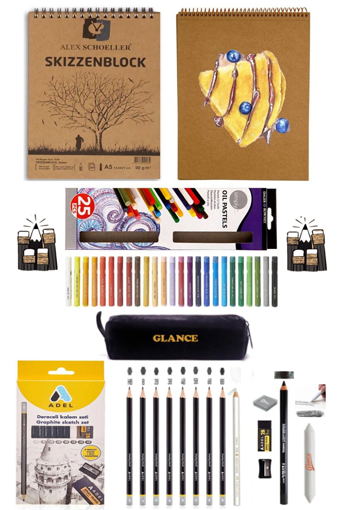 Alex Schoeller Kraft A5 Spiralli 50 yp Dereceli Kalem Yağlı Pastel Boya 25 Renk Eskiz Çizim Set