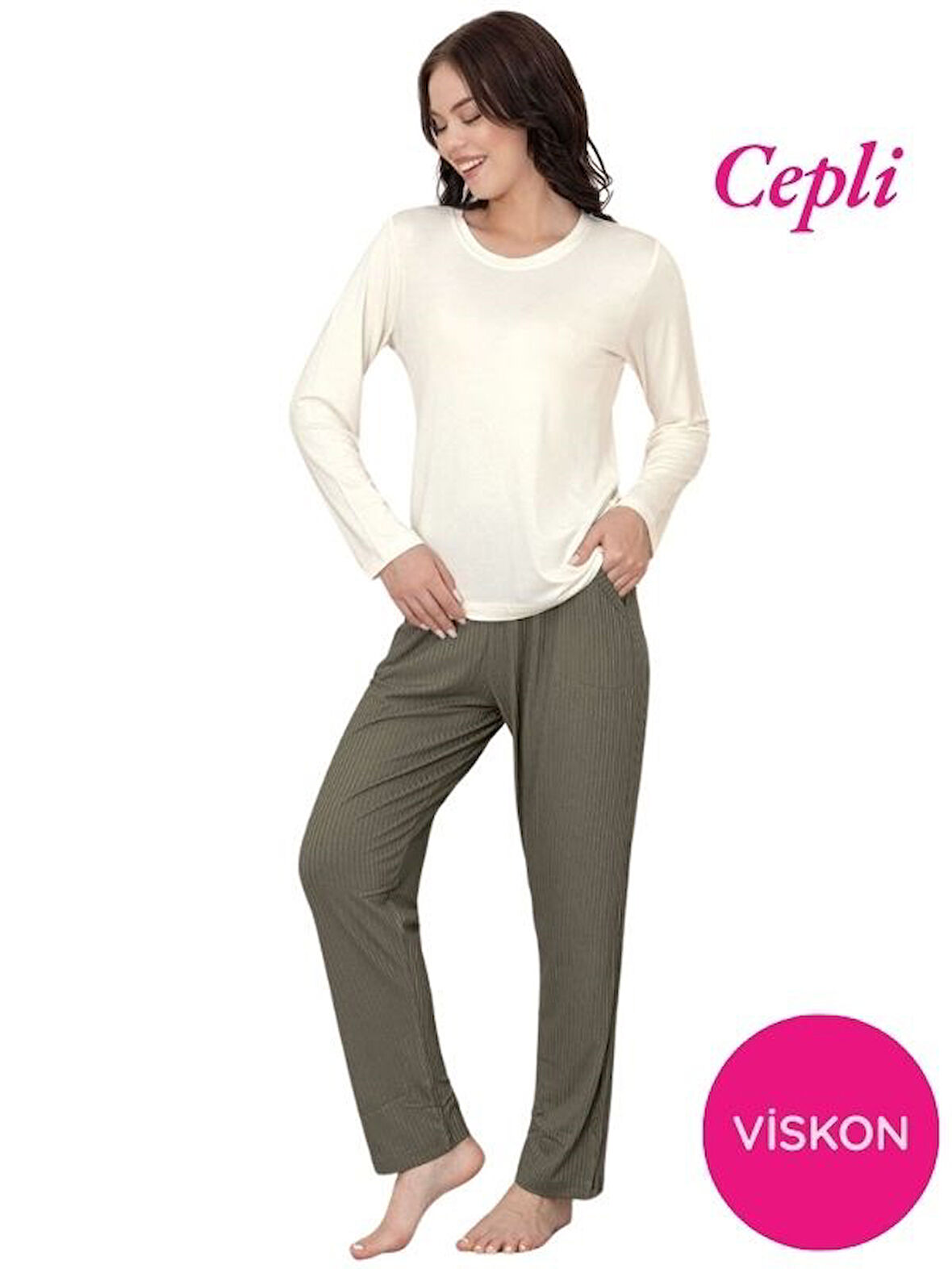 Kadın Bisiklet Yaka Düğmesiz Viskon Mevsimlik Uzun Kol Cepli Pijama Takımı