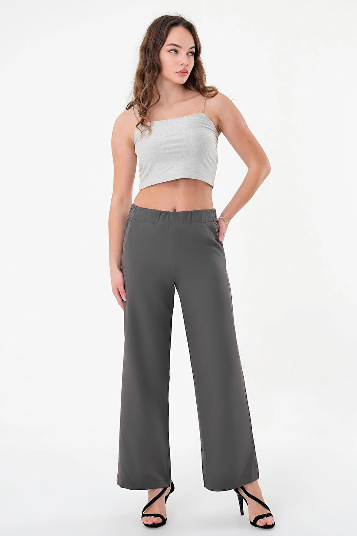 Kadın Antrasit Bel Lastikli Palazzo Pantolon