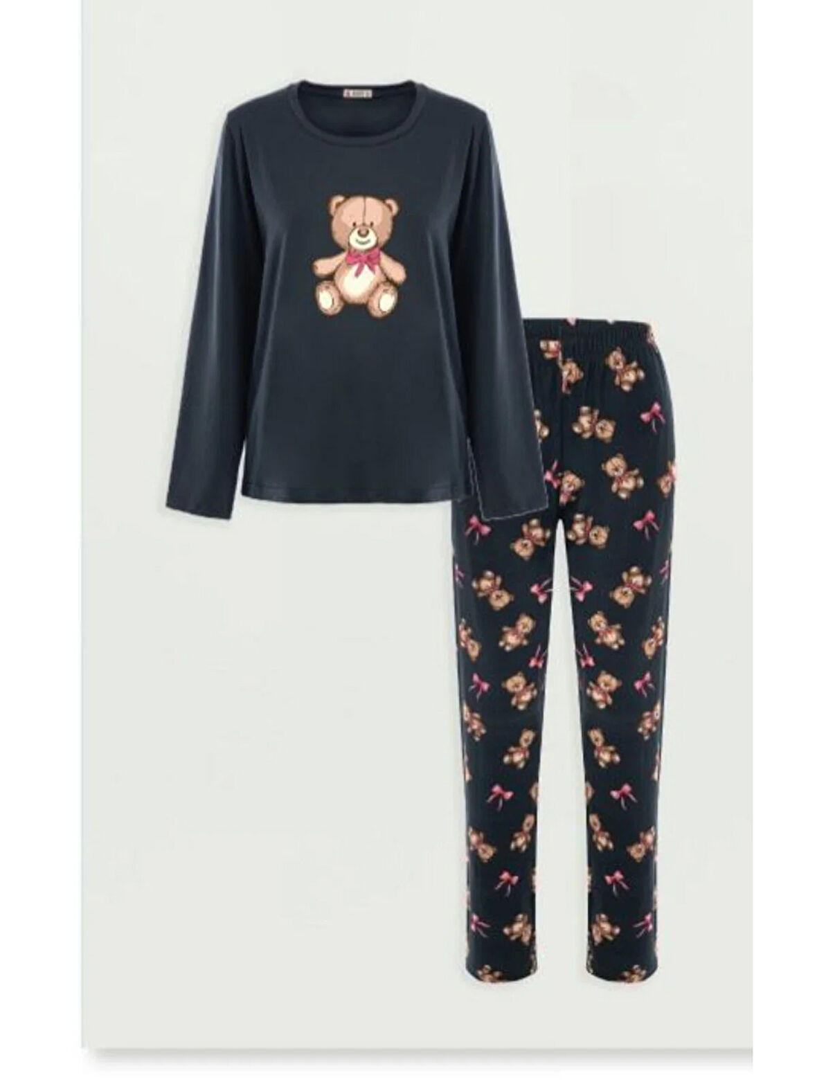 Ayıcık Desenli  Pijama Takımı Gri