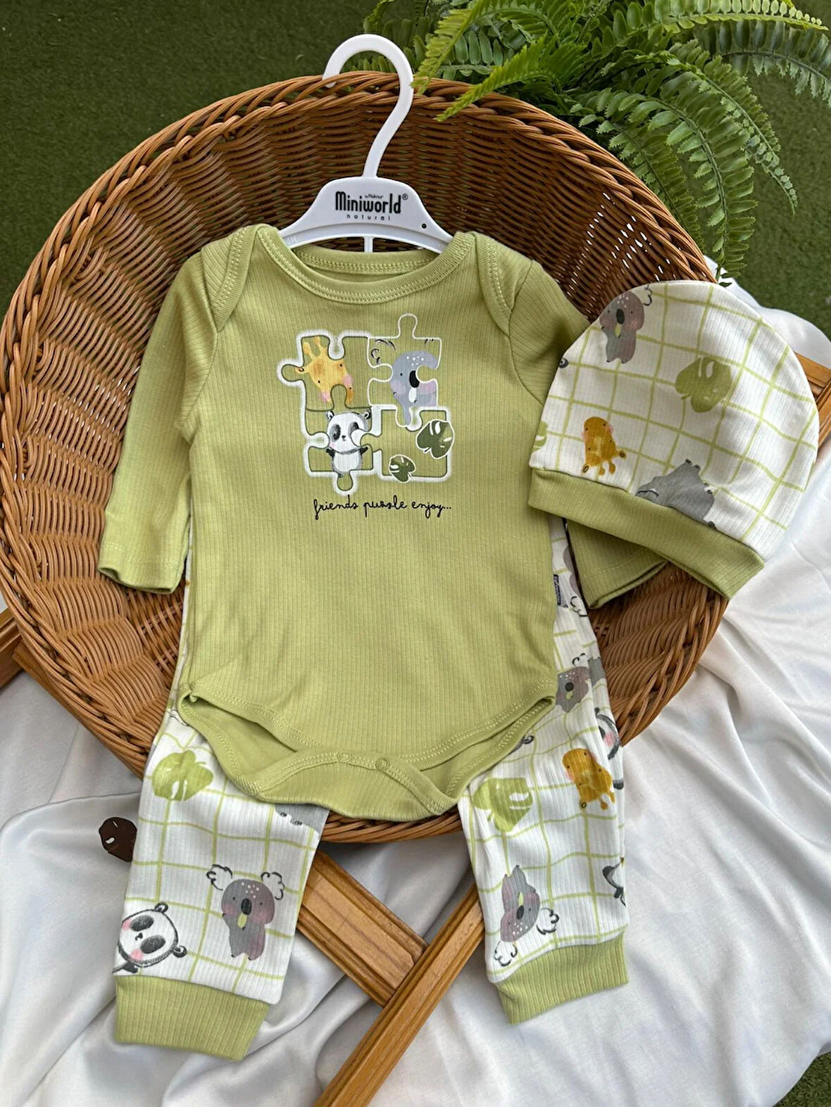 Puzzle Hayvan Desenli Yeşil Badi Takım 3'lü