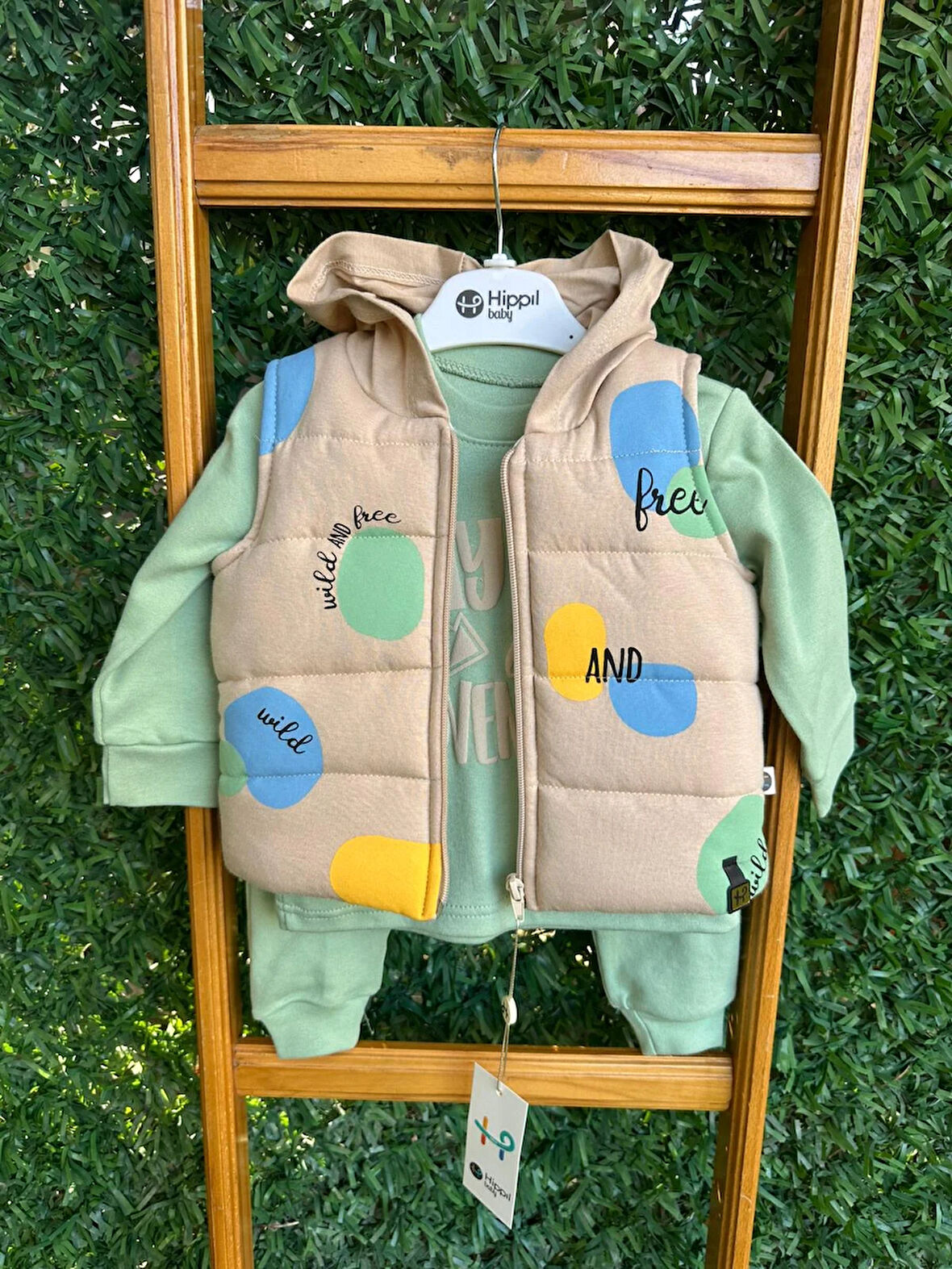 Yazı Baskılı Şişme Yelekli  Üçlü Takım Yeşil