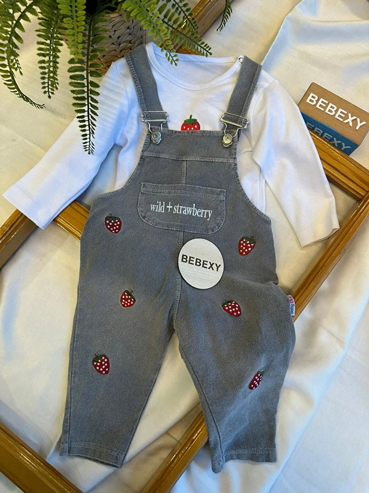 Çilek Desenli Jean Tulum & Salopet  Gri