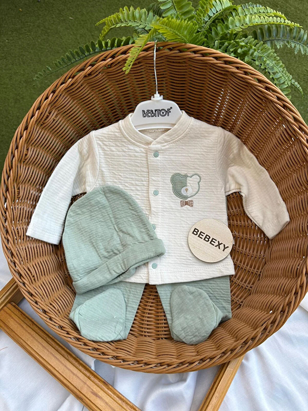 Ayıcık Desenli Şapkalı  Bebek Takımı 