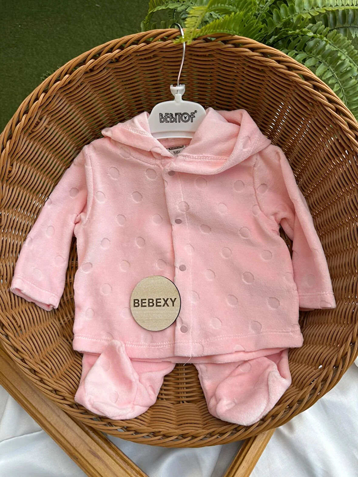 Nokta Desenli Kapüşonlu  Pembe  Bebek Takımı 