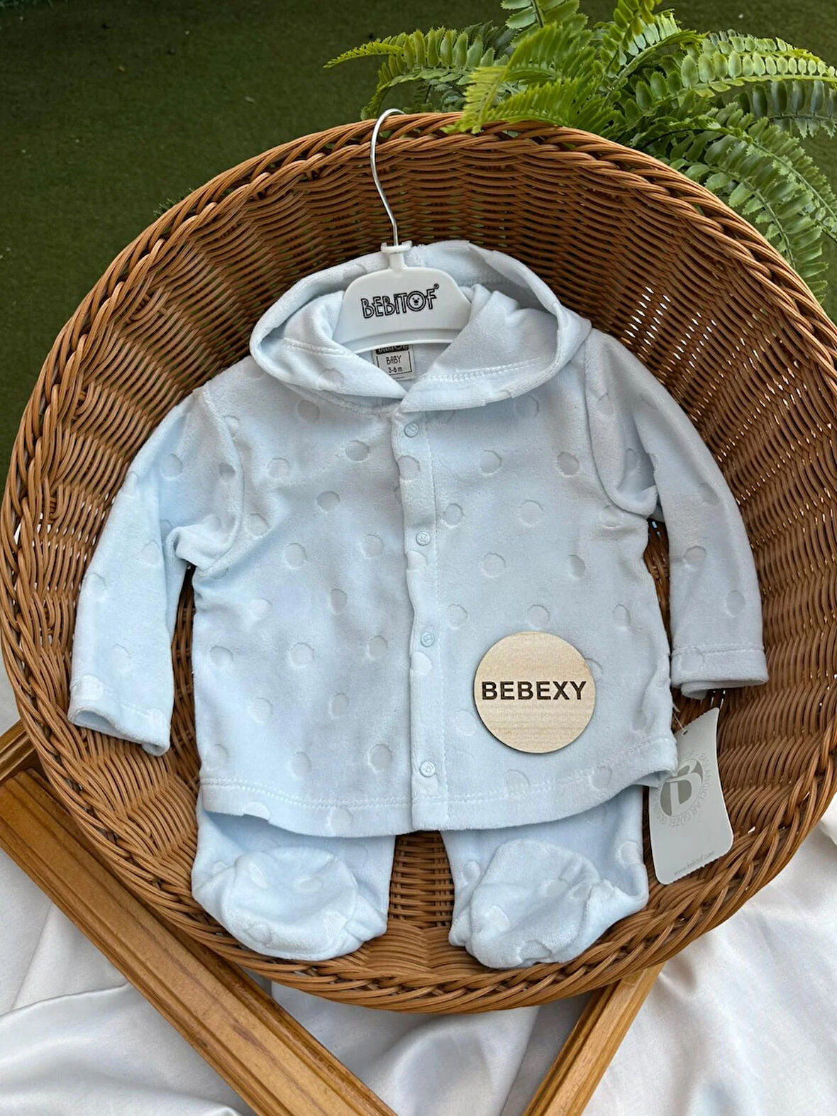 Nokta Desenli Kapüşonlu  Mavi  Bebek Takımı 