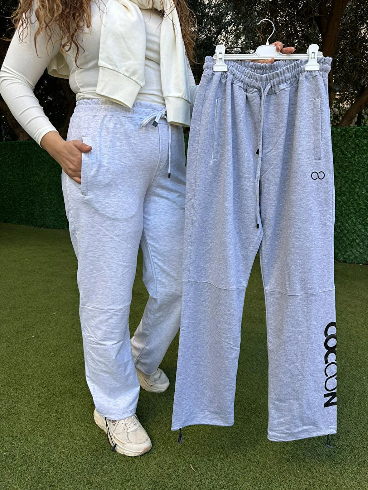   Gri Coccon Yazılı Düz Paça Lastikli  Eşofman Altı 