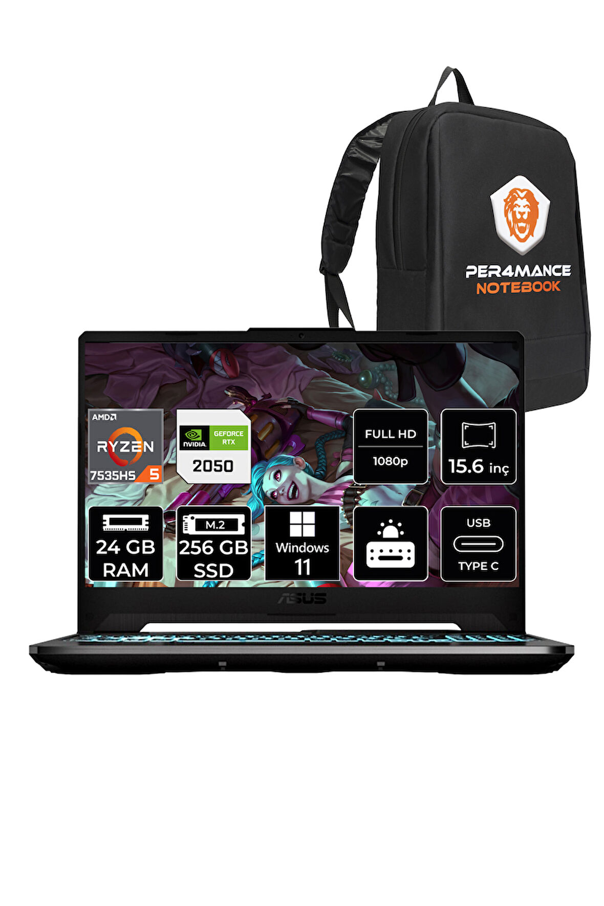 ASUS TUF Gaming A15 R5 7535HS 24GB 256GB SSD RTX2050/4GB 144Hz 15.6" FHD W11H HN004 & PER4 ÇANTA