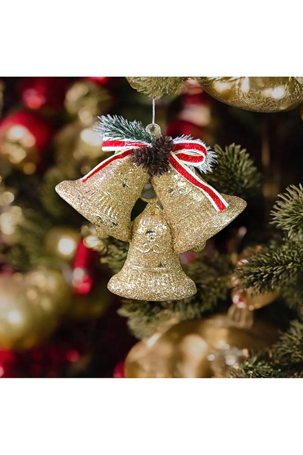 Yılbaşı Süsü Simli Kozalaklı Üçlü Çan Şampanya 12 cm