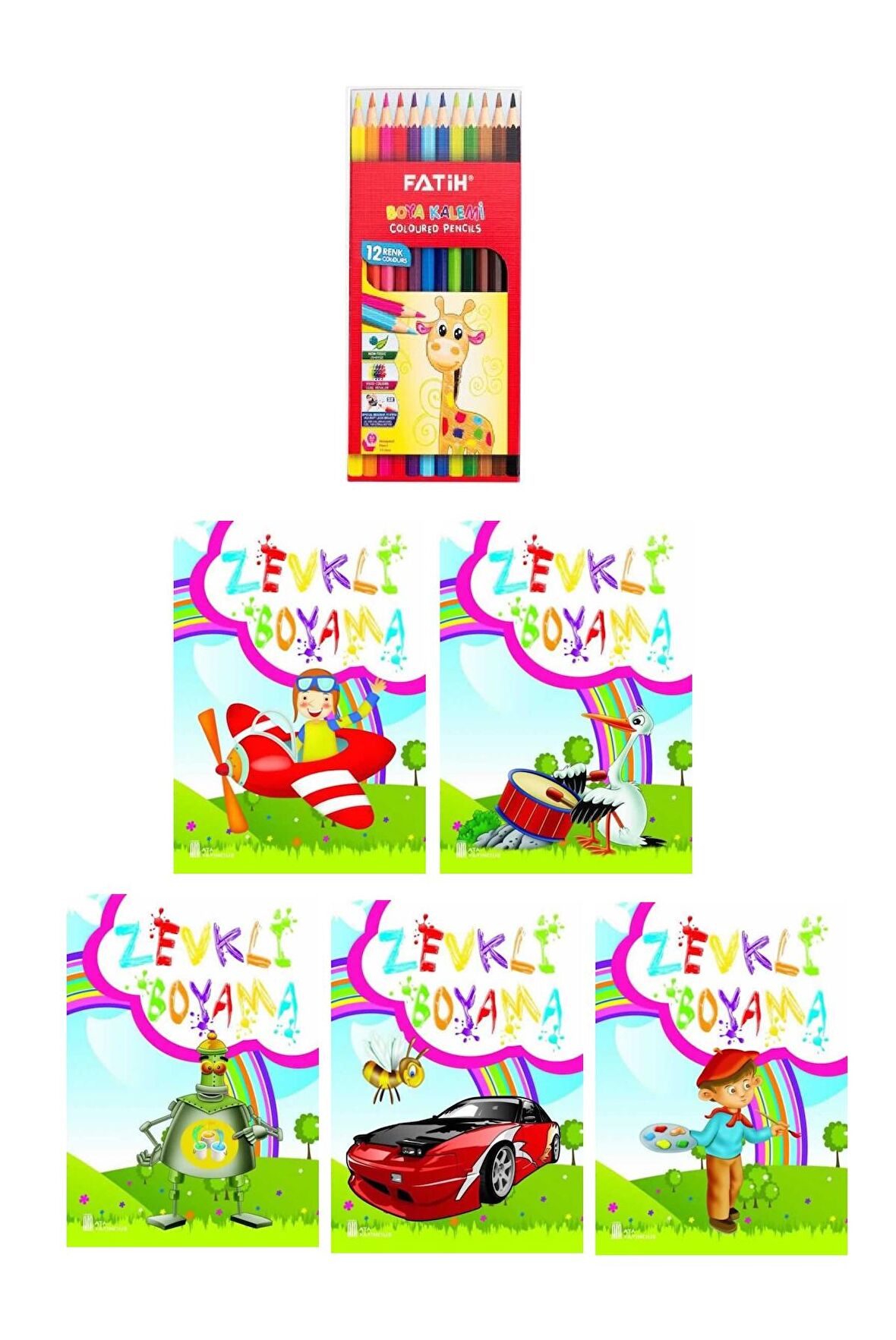 3-6 Yaş Zevkli Boyama Kitapları 5 li +Fatih 12li Kuru Boya
