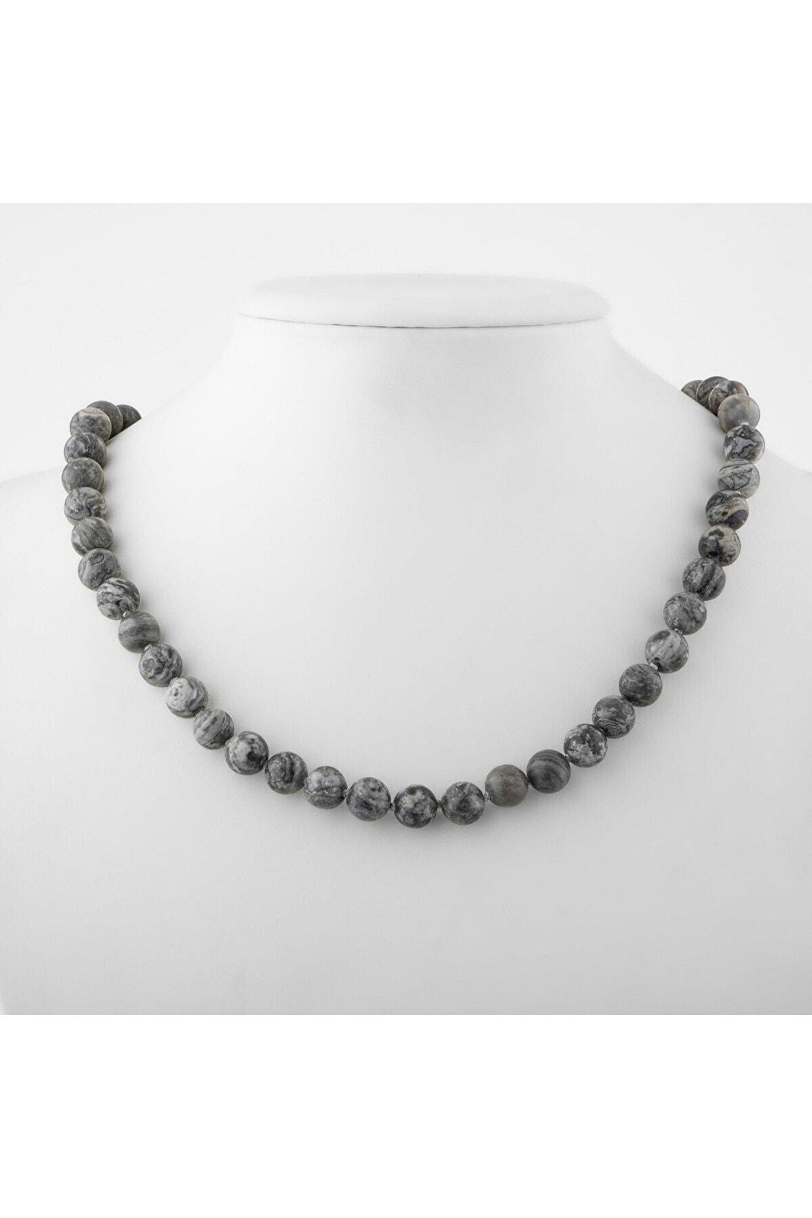 Gri Jasper 8 mm Düğümlü Doğal Taş Kolye