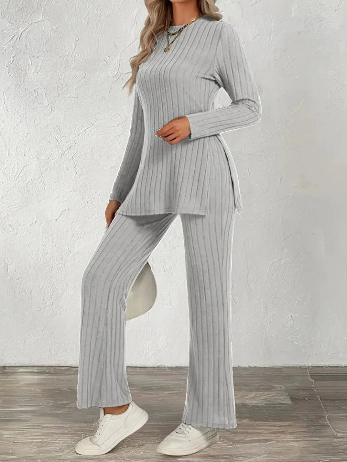 MDB Kadın Uzun Kollu Bisiklet Yaka Yandan Yırtmaçlı şardonlu Kaşkorse Bluz Ve Pantolon Ikili Takım