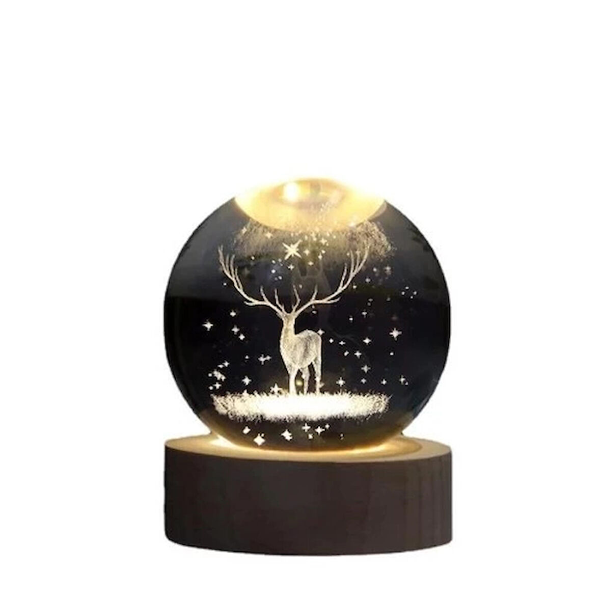 MDB Dekoratif Geyik Tasarımlı Ahşap altlıklı Işıklı Cam Küre Büyük Boy Cam:8cm Ahşap:2cm
