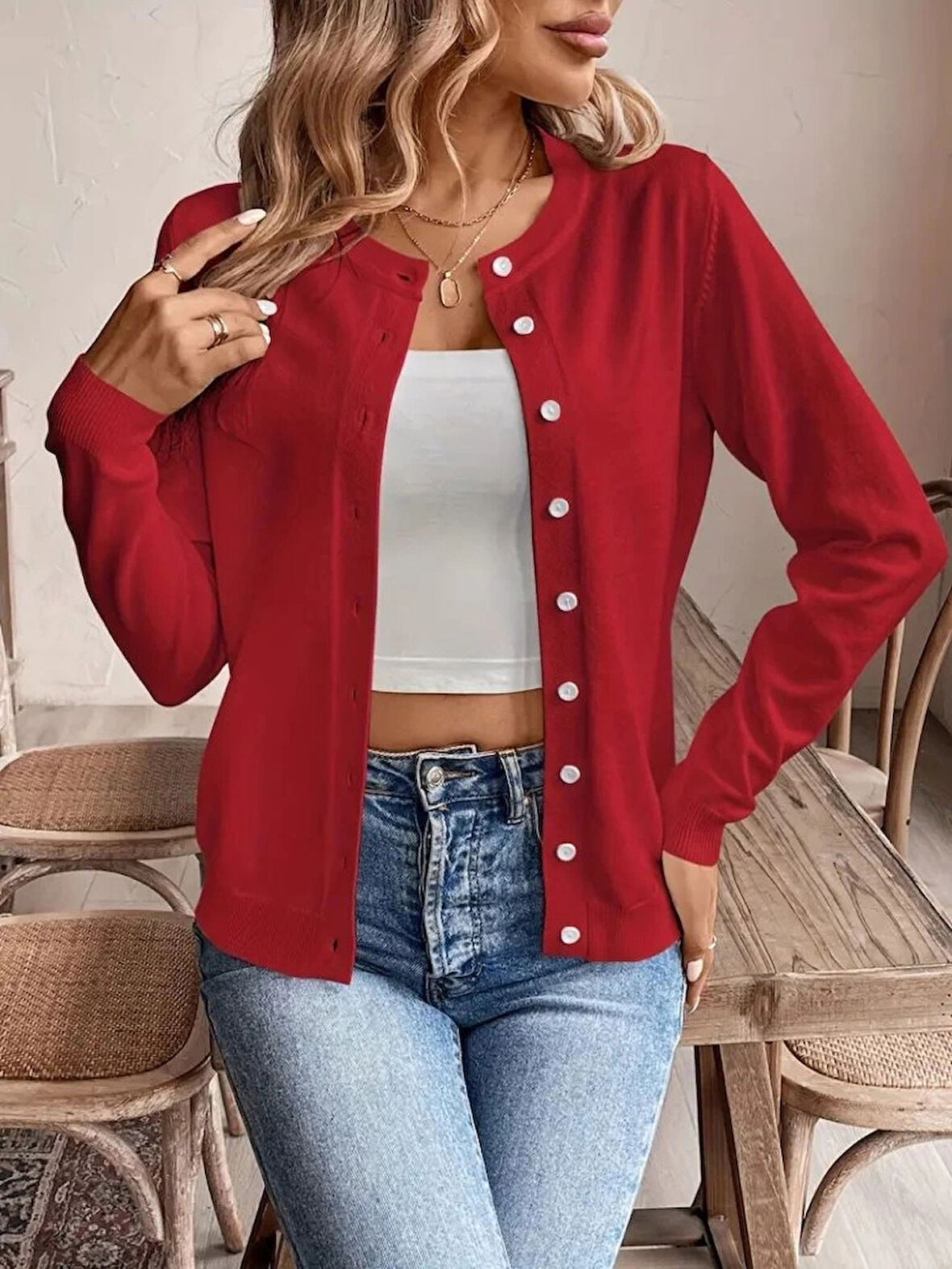 MDB Kadın Uzun Kollu önden Düğmeli Triko Ceket