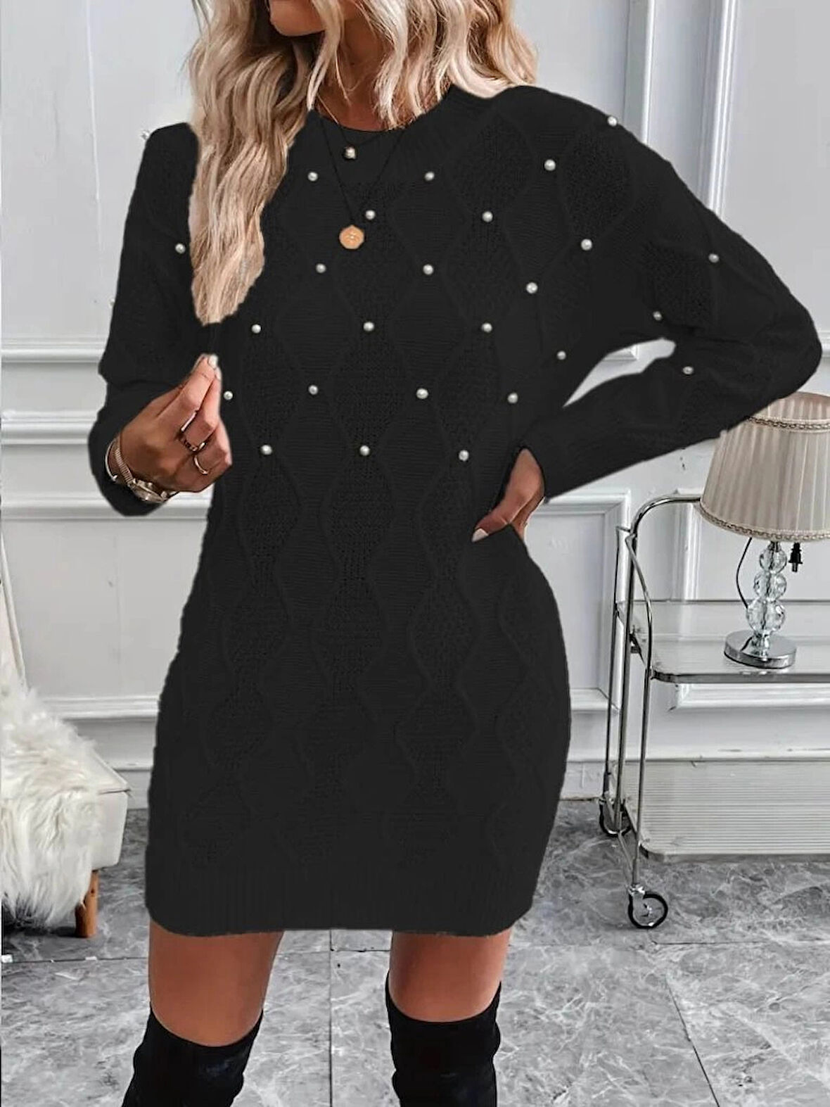 MDB Kadın Uzun Kollu Bisiklet Yaka Desenli Triko Elbise