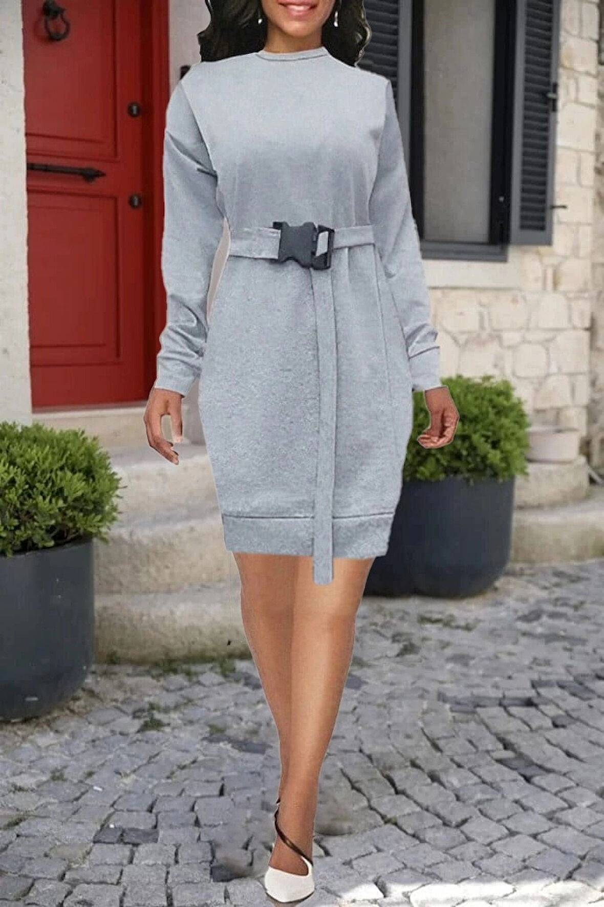 MDB Kadın Uzun Kollu Bisiklet Yaka Kuşaklı Iki Iplik Elbise