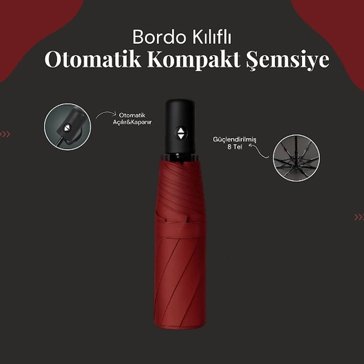 MDB Bordo Kılıflı Otomatik Kompakt Şemsiye