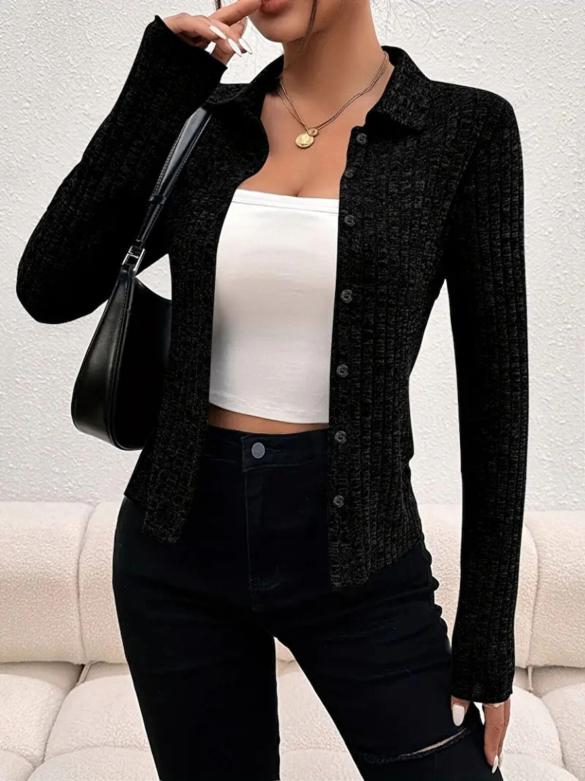 MDB Kadın Uzun Kollu Yakalı önden Düğmeli Kısa Ceket