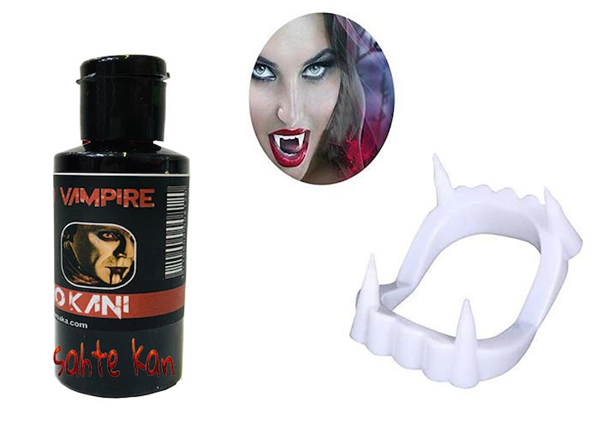 MDB Beyaz Renk Çift Damak Takma Vampir Dişi ve 50 gr Tiyatro Kanı Set