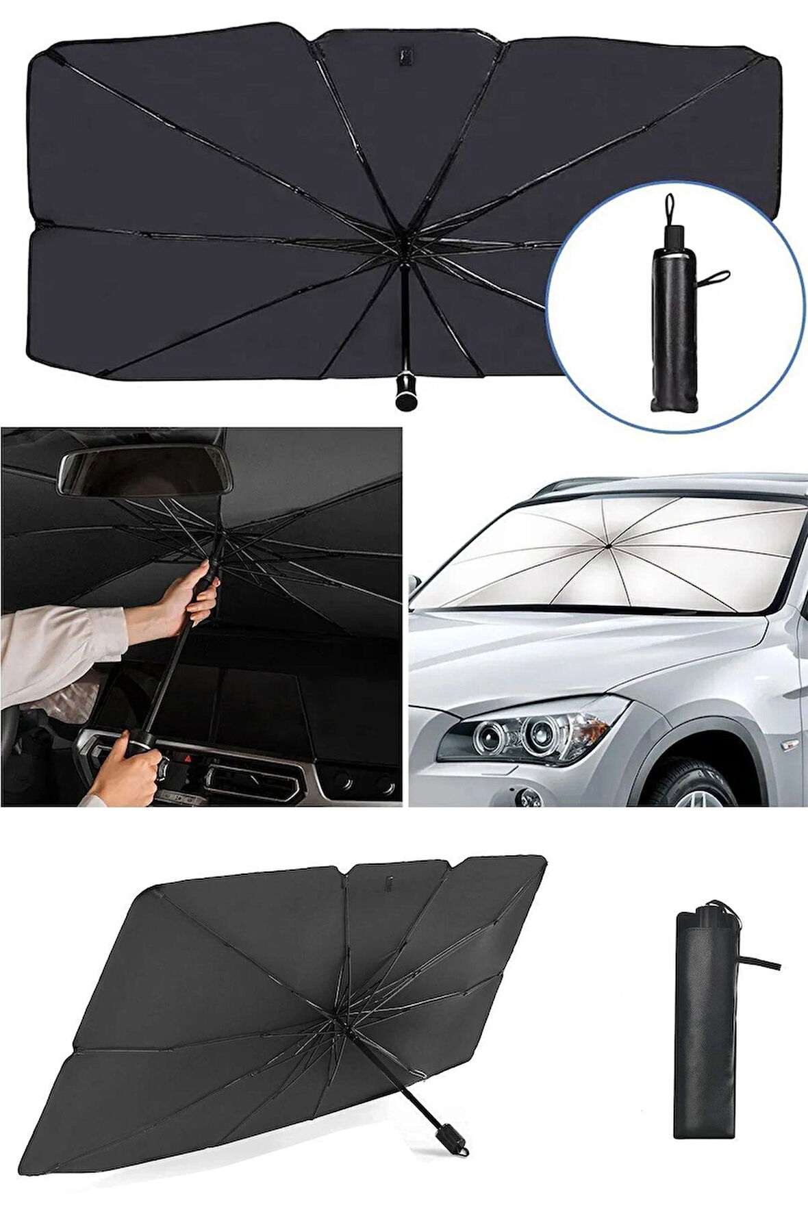 Oto Araba Güneşlik Şemsiye Tip Ön Cam Güneş Önleyici Katlanabilir 135 cm X 80 cm
