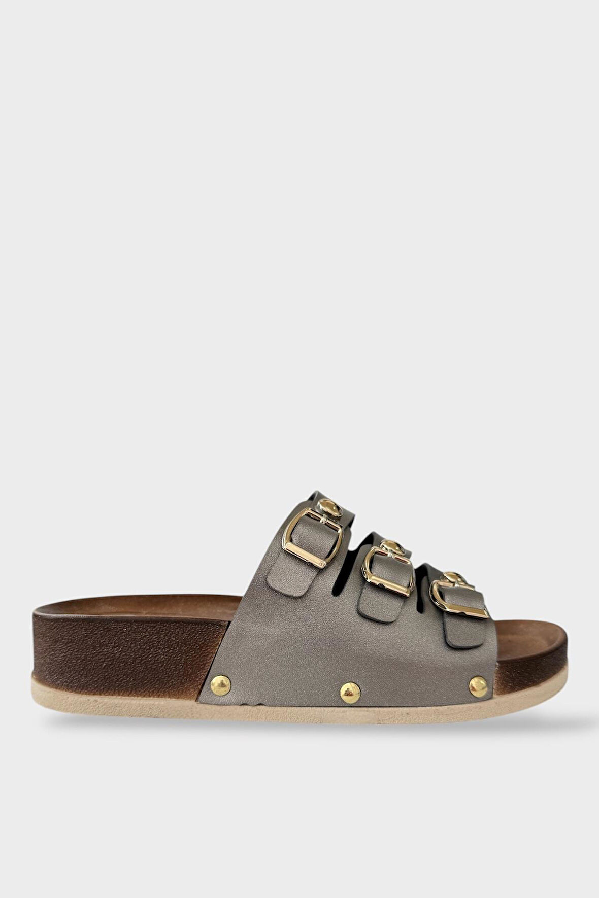 Kadın Günlük Terlik Tokalı Üç Bant Şık Ortopedik Yazlık Ev Plaj Tatil İş Terliği PLATİN