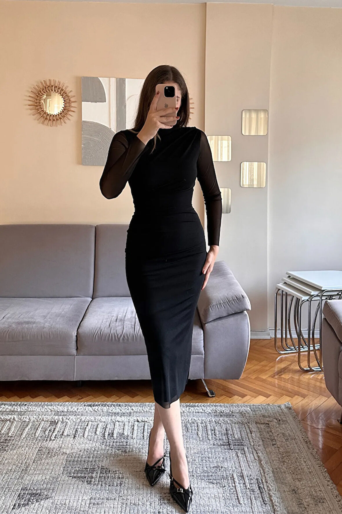 Drape Detaylı Tül Midi Elbise