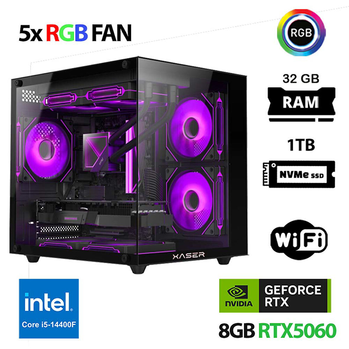 Xaser Cube X190 i5 14400F 32GB DDR5 Ram 1TB M.2 NVMe SSD 8GB RTX5060 Masaüstü Oyuncu Bilgisayarı