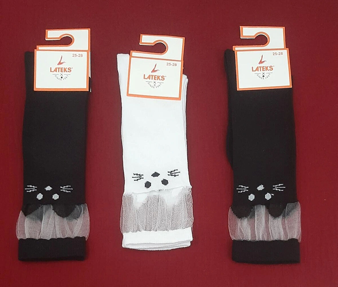 Kız Çocuk Dizaltı Kedi Desenli Okul Çorabı 33-36 Ayak Numarası 3'lü Paket