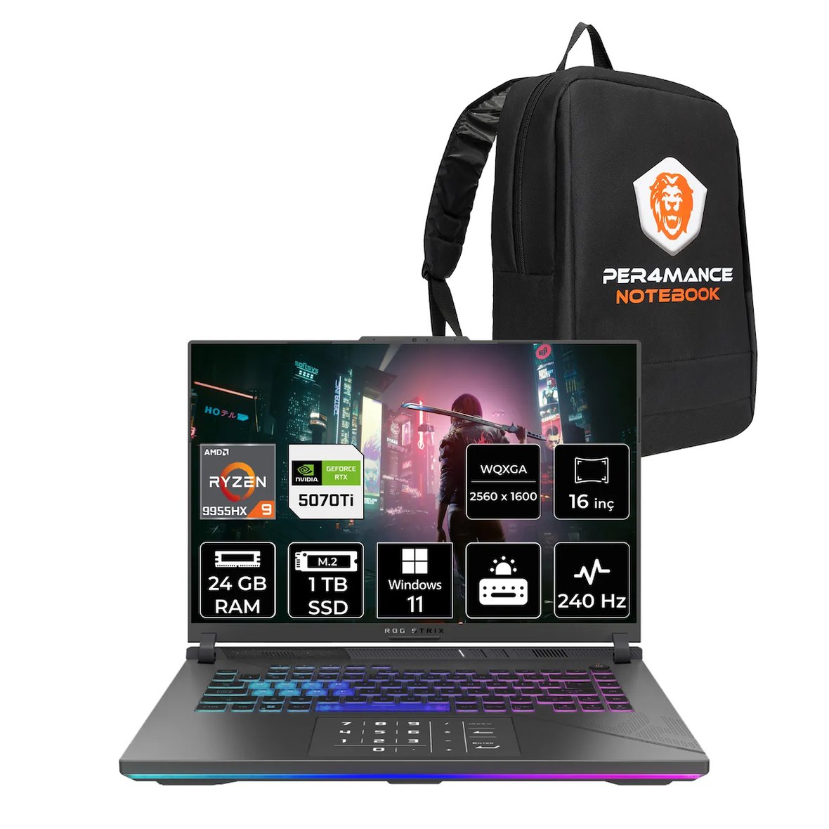 Per4 Asus ROG Strix G16 R9 9955HX 24GB 1TB SSD RTX5070Ti/12GB 140W 240HZ 16 ...