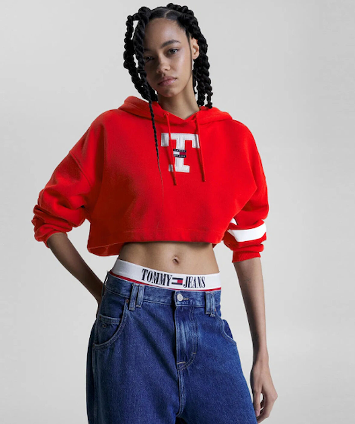 Tommy Jeans Sp Crop Letterman Flag Hoodie Kadın Kırmızı Sweatshirt