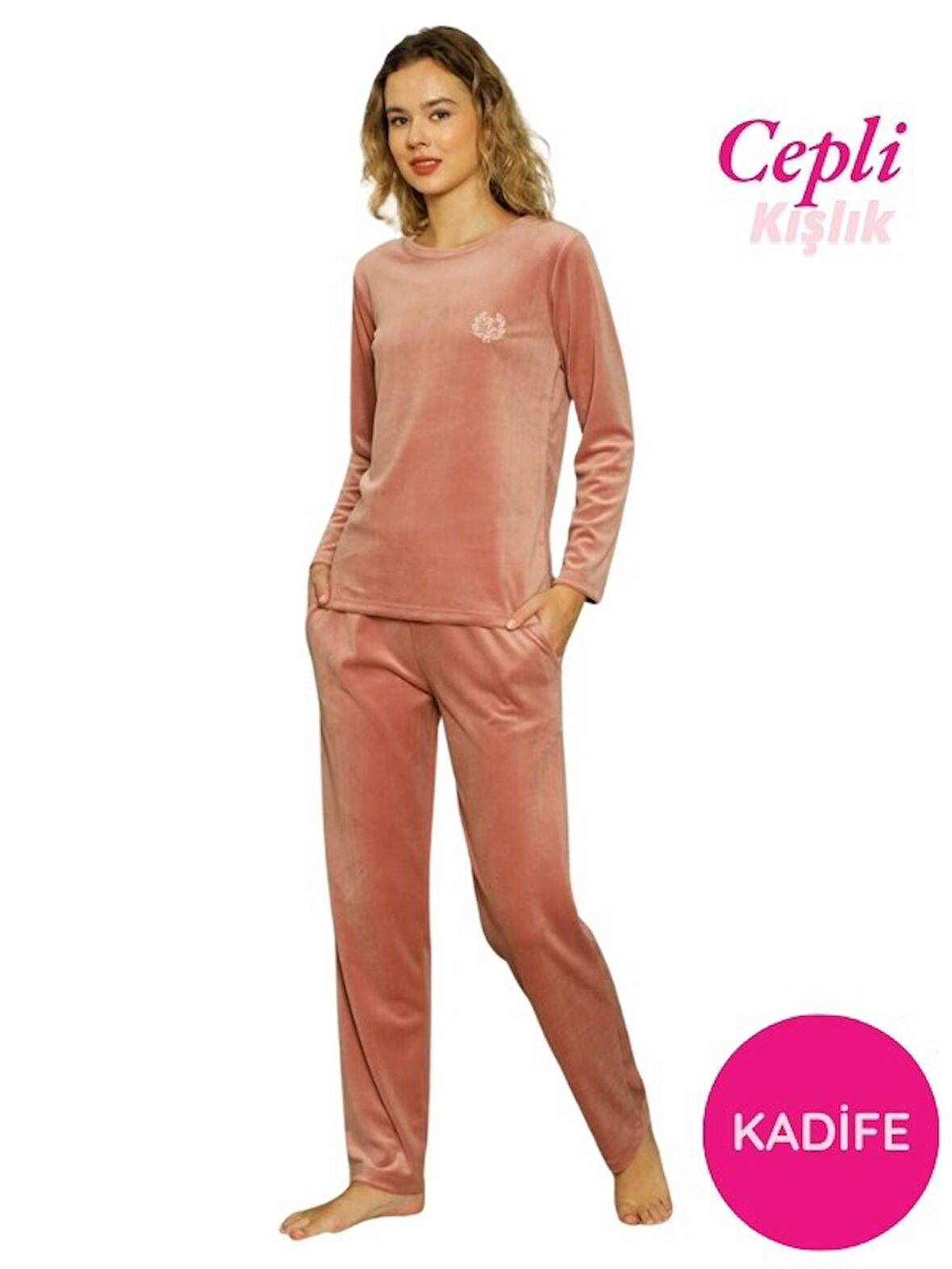 Kadın Bisiklet Yaka Düğmesiz İpeksi Yumuşak Kadife Kışlık Uzun Kol Cepli Pijama Takımı