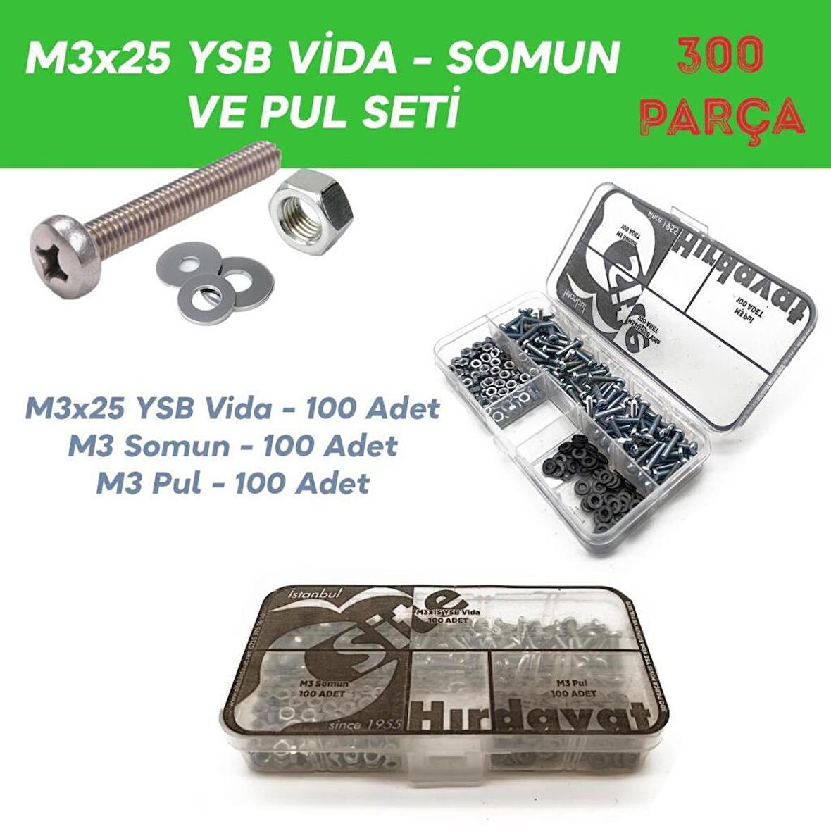 M3x25 YSB Vida Somun ve Pul Seti, 300 Parça