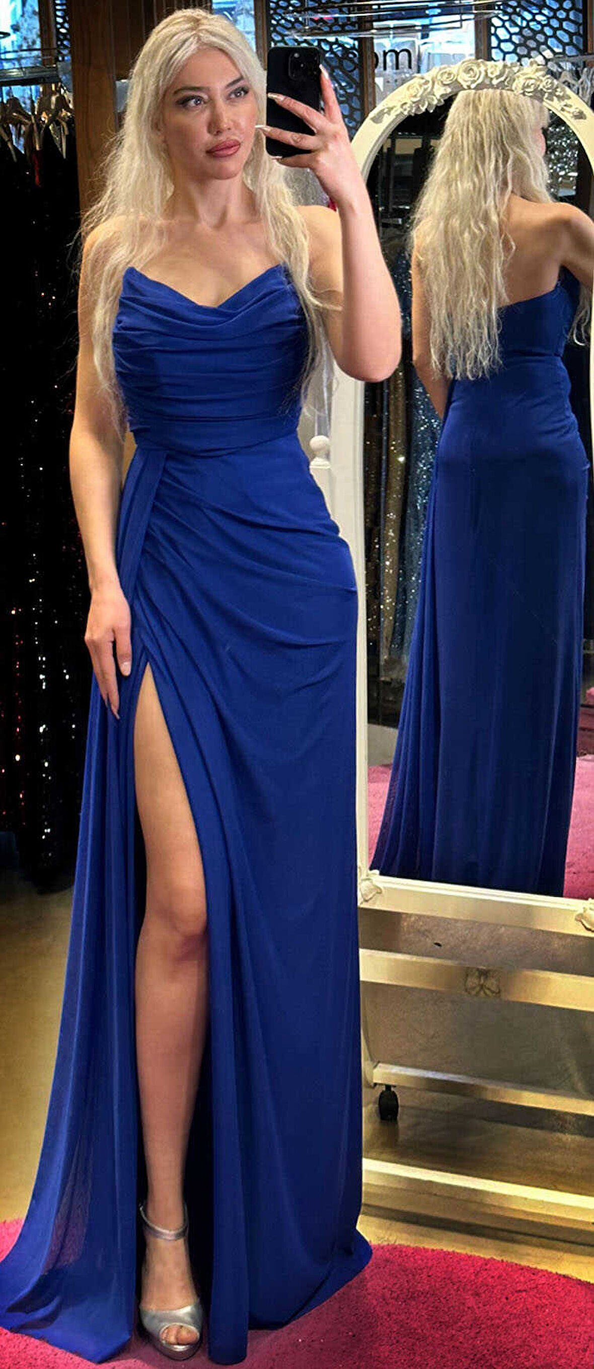 Saks Yırtmaçlı Düz Kesim Likralı Uzun Abiye Elbise 7498