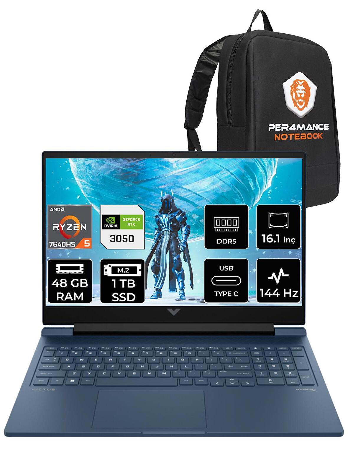 HP VİCTUS 16 R5 7640HS 48GB 1TB SSD RTX3050/6GB 144HZ 16.1'' FHD FDOS 7Z4N2EA & PER4 ÇANTA