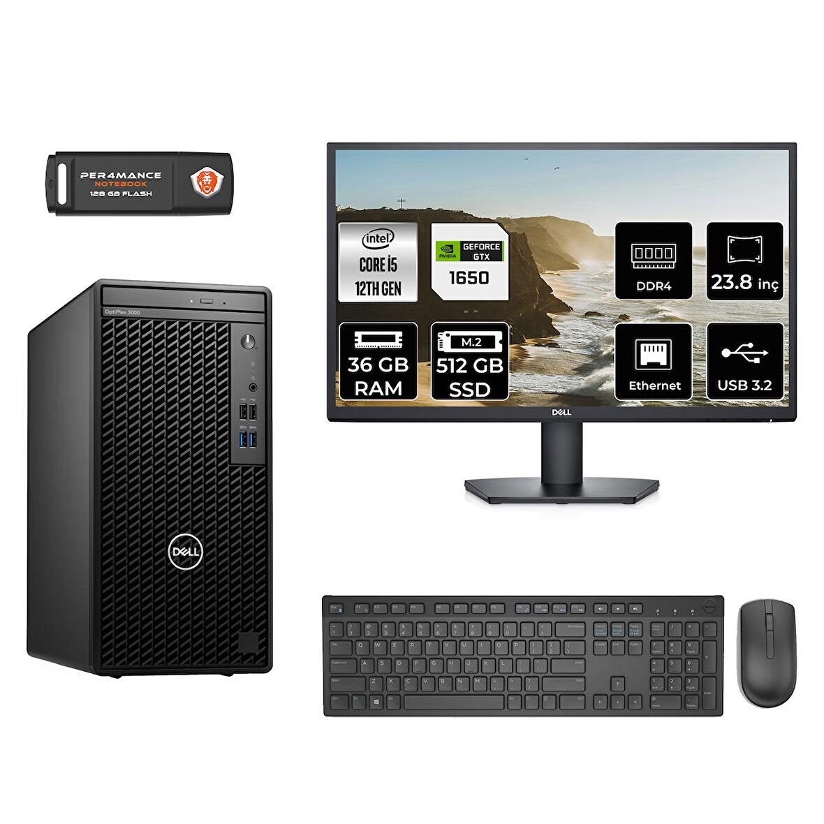 Dell OptiPlex 3000MT i5 12500 36GB 512GB SSD GTX1650/4GB FDOS N010O3000MTAC MASAÜSTÜ PC & 23.8" MONİTÖR 