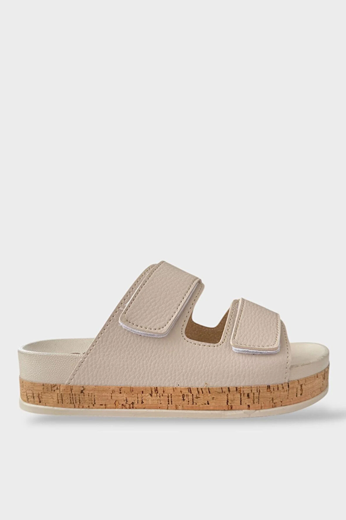 Kadın Günlük Terlik Kalın Taban Çift Bant Cırtlı Rahat Şık Yazlık Ev Plaj Tatil Terliği BEJ