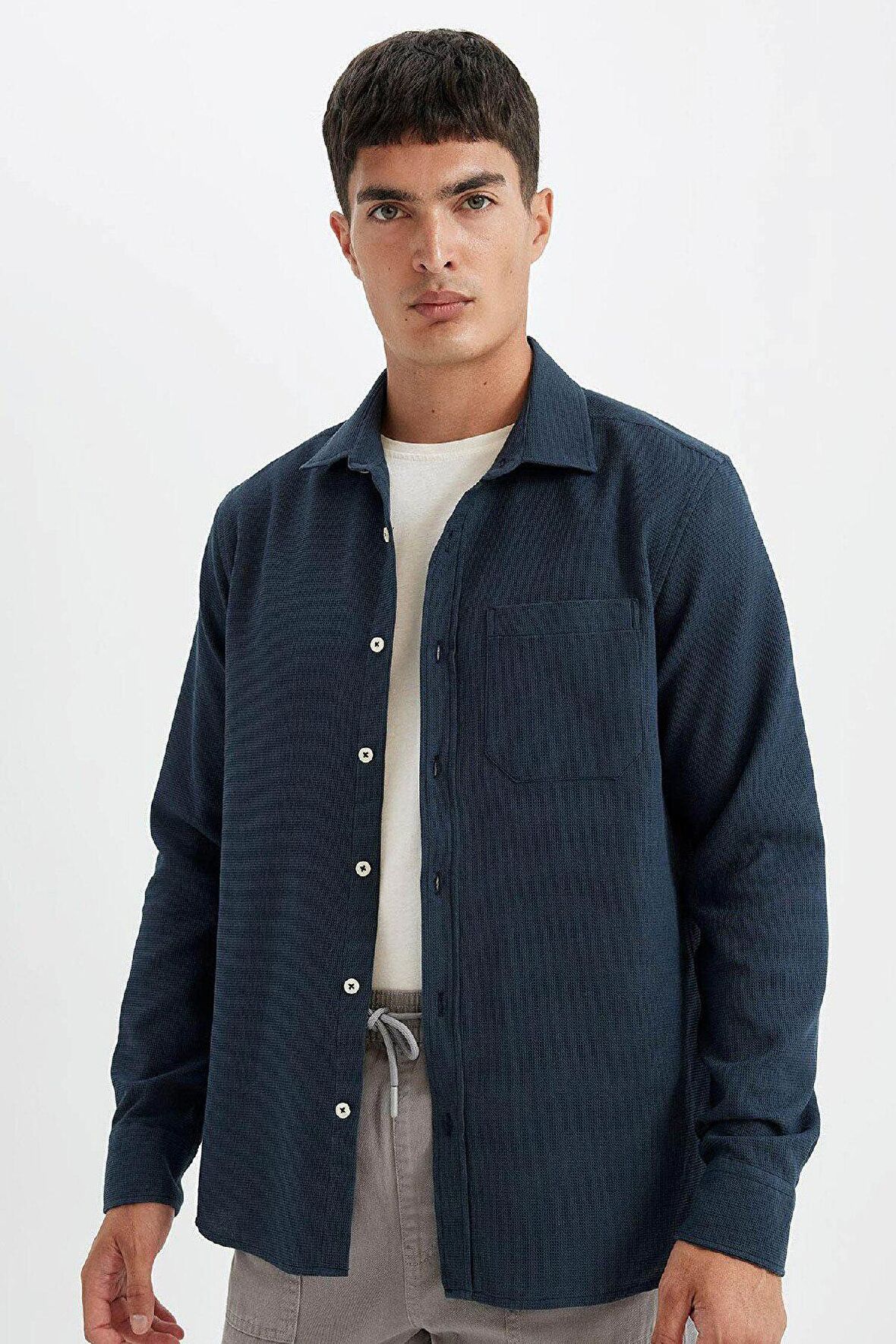 DeFacto Regular Fit Waffle Basic Düz Pamuklu Uzun Kollu Gömlek D1058AX24AUAR224