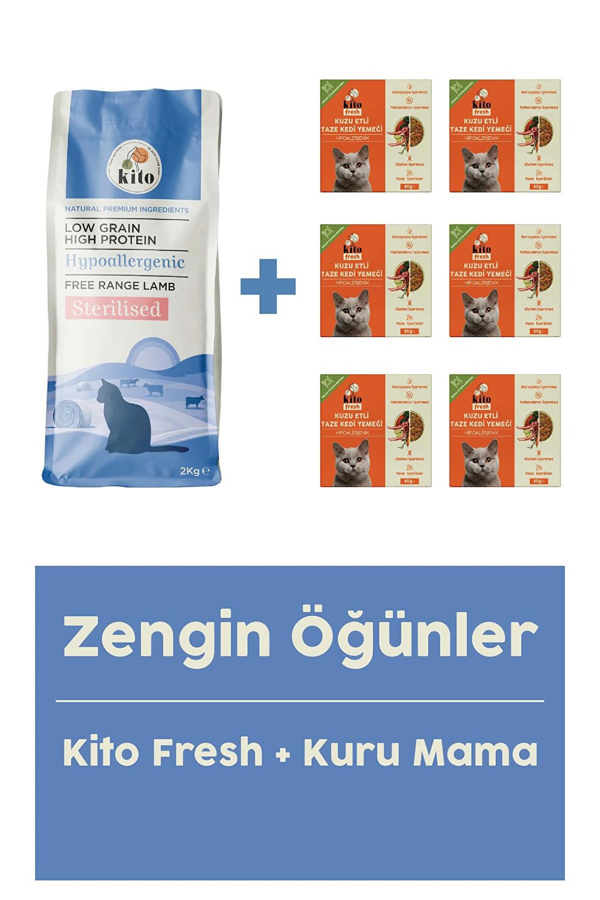 Kısır Kedi Maması 2 KG + Kuzu Etli Kito Fresh X 6