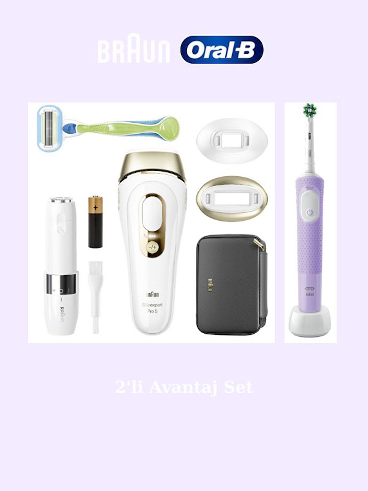 Braun IPL Silk·expert Pro 5, Tüy Alma, Çanta, Tıraş Bıçağı, Diş Fırçası, 2 Başlık, PL5146-D103 2'li 