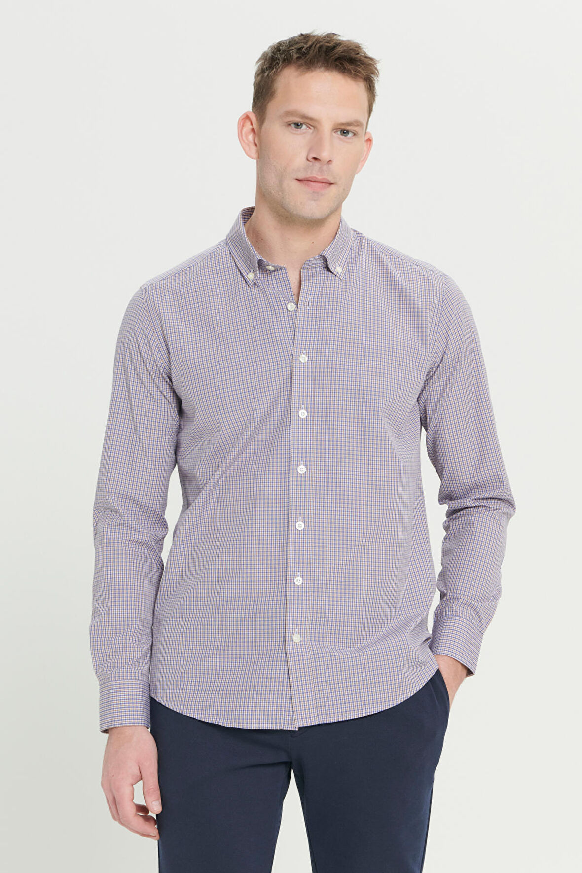 Erkek Hardal Slim Fit Dar Kesim Düğmeli Yaka Pamuklu Kareli Gömlek