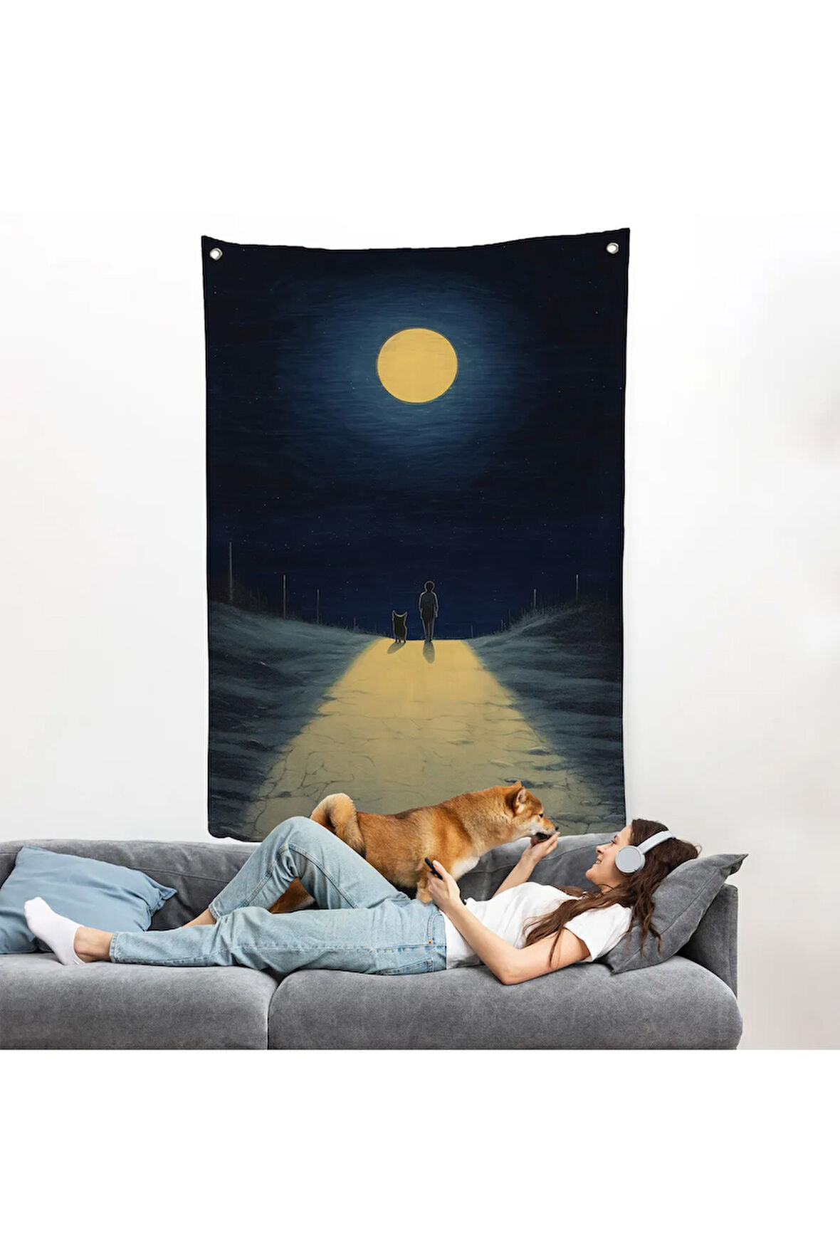 Ay Işığına Yürüyen Kedi ve Dostu Duvar Örtüsü-7504