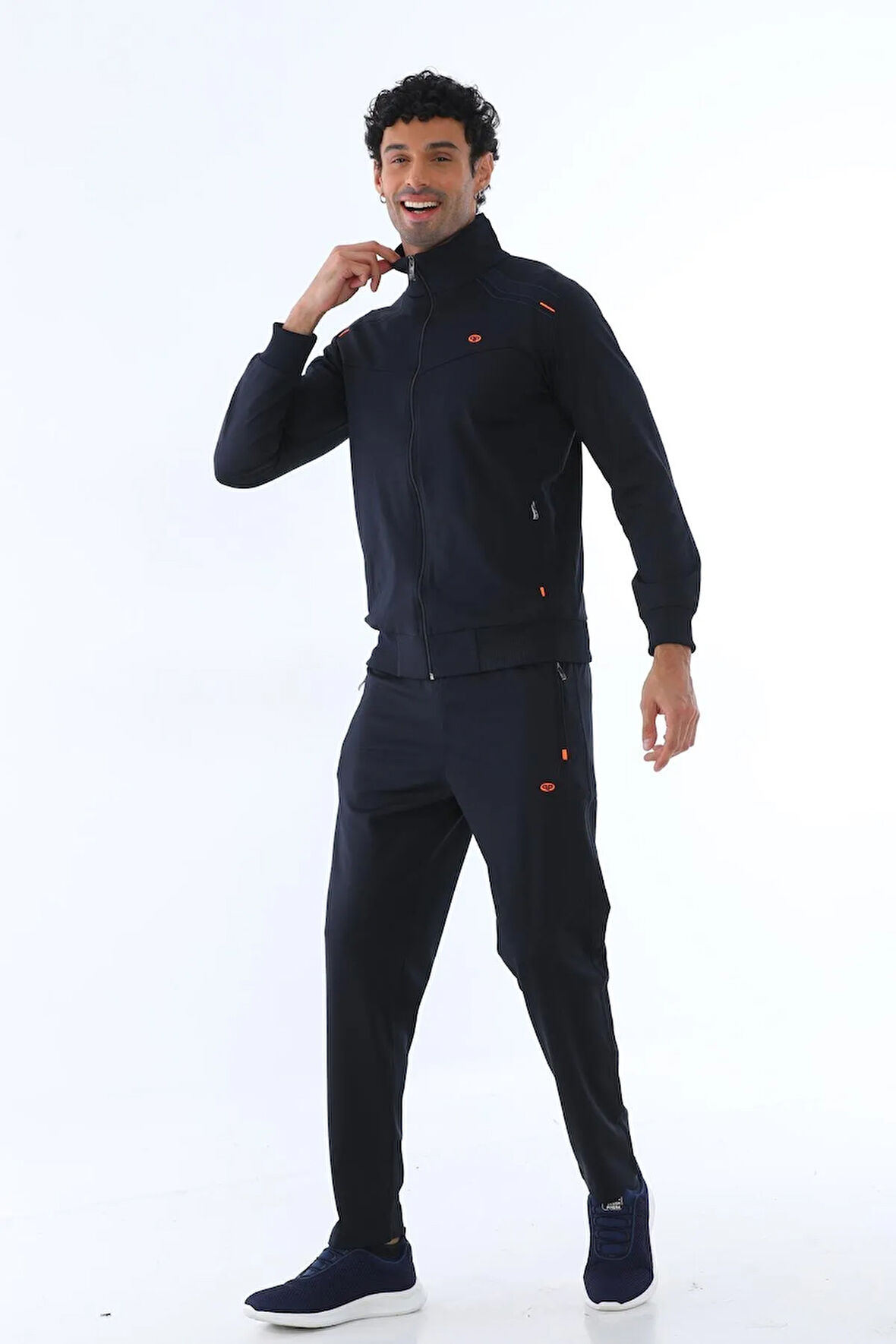 Erkek Iki Iplik Dalgıç Kumaş Fermuarlı Lacivert-turuncu Spor Eşofman Takımı - 7506