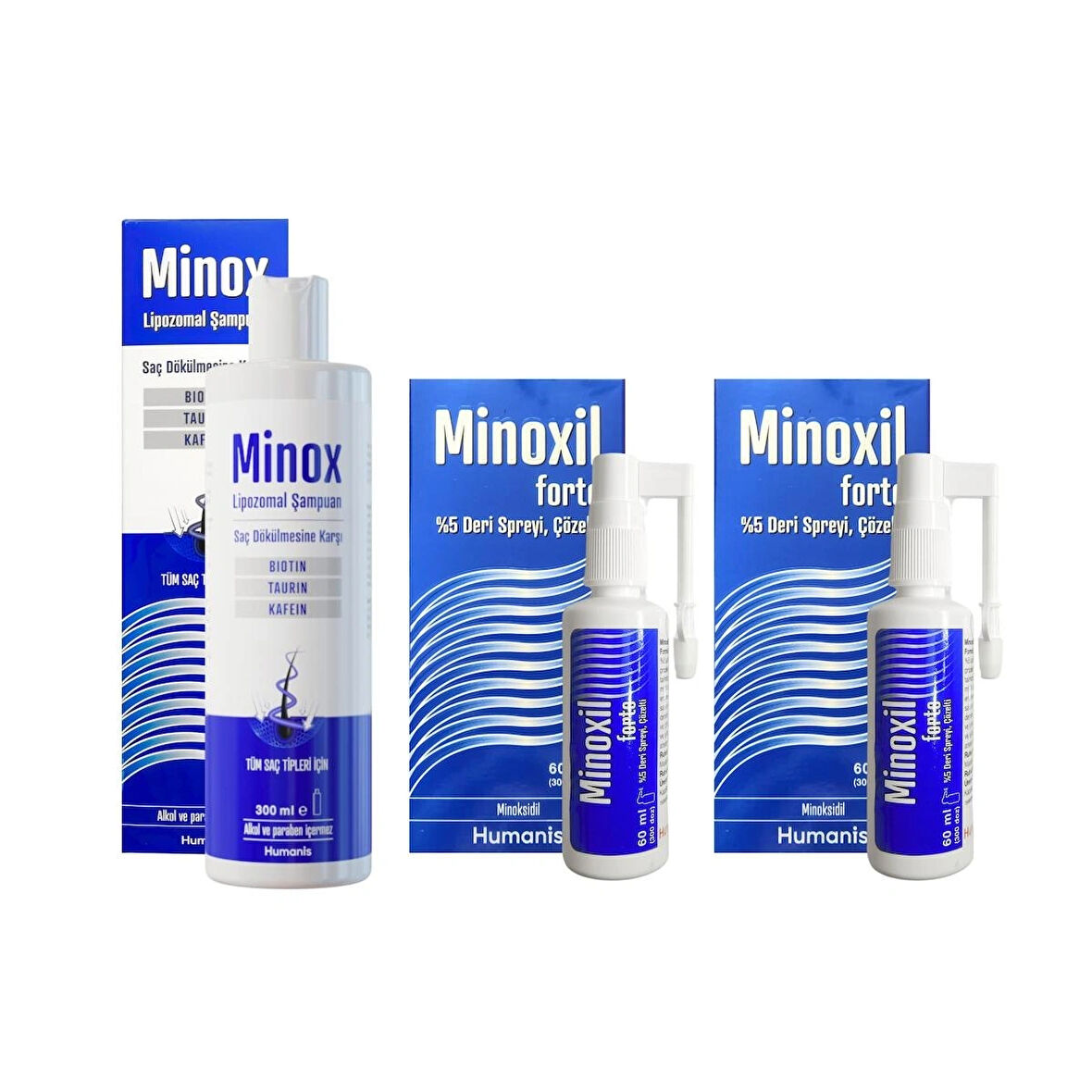 Minoxil Forte %5 60 ml Deri Bakım Spreyi 2 kutu ve Minox Şampuan 300 ml