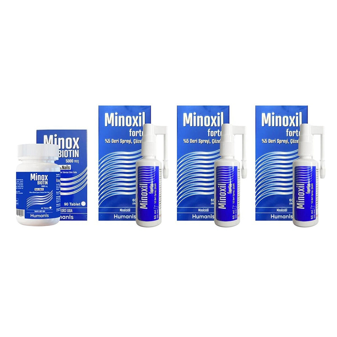 Minoxil Forte %5 Deri Spreyi, Çözelti 60 ml 3 kutu ve Minox Biotin 90 Kapsül