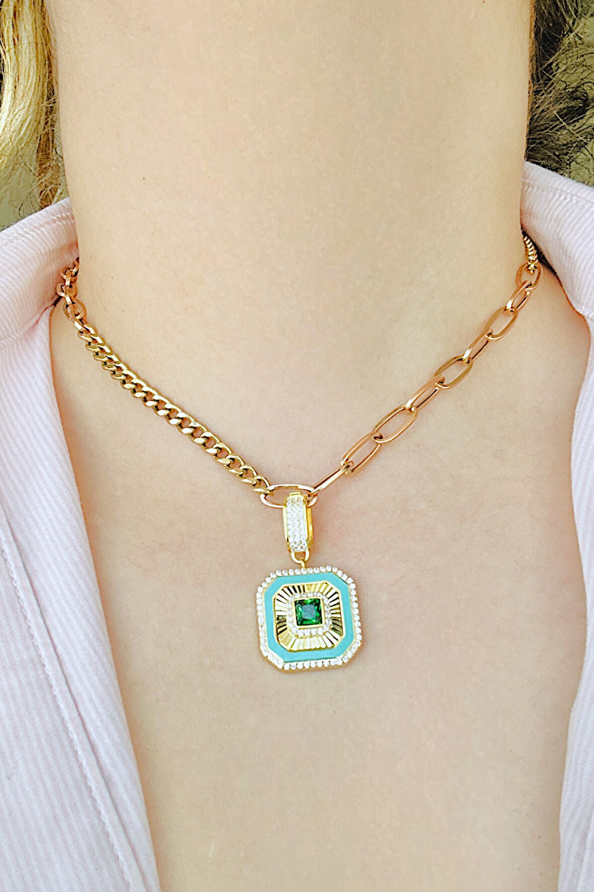 Yeşil Baget Taşlı Gold Klipsli Kolye Ucu & Ajda Bilezik Charm | 925 Ayar Gümüş