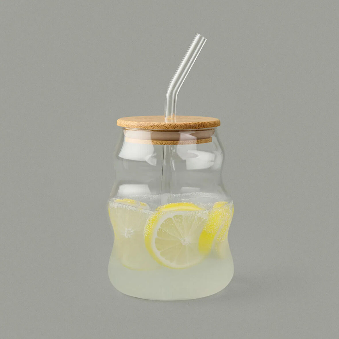 Bambu Kapaklı Pipetli Bardak - Açık Kahverengi / Şeffaf - 450 ml