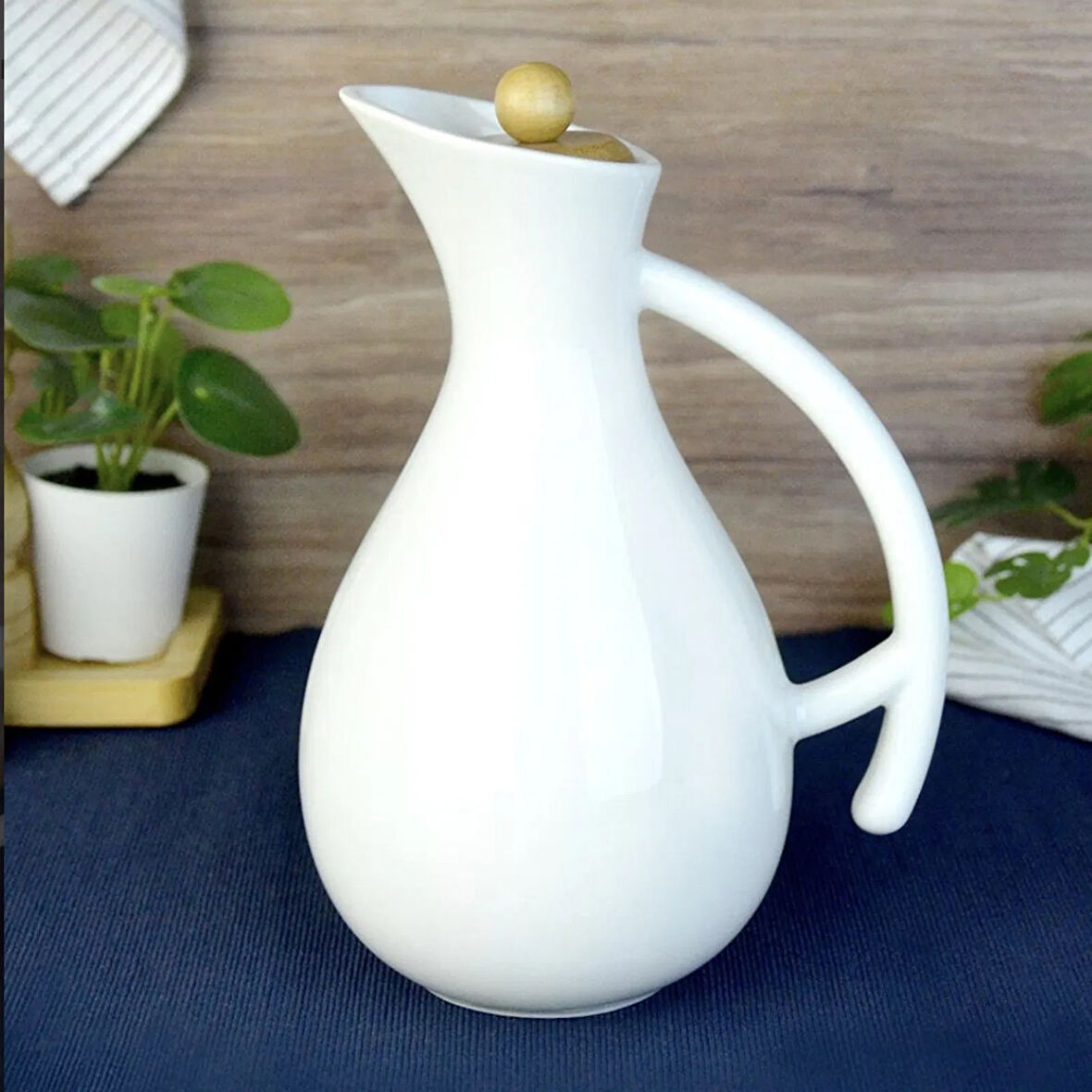 Fiona Bambu Kapaklı Porselen Yağlık - Beyaz - 1 lt