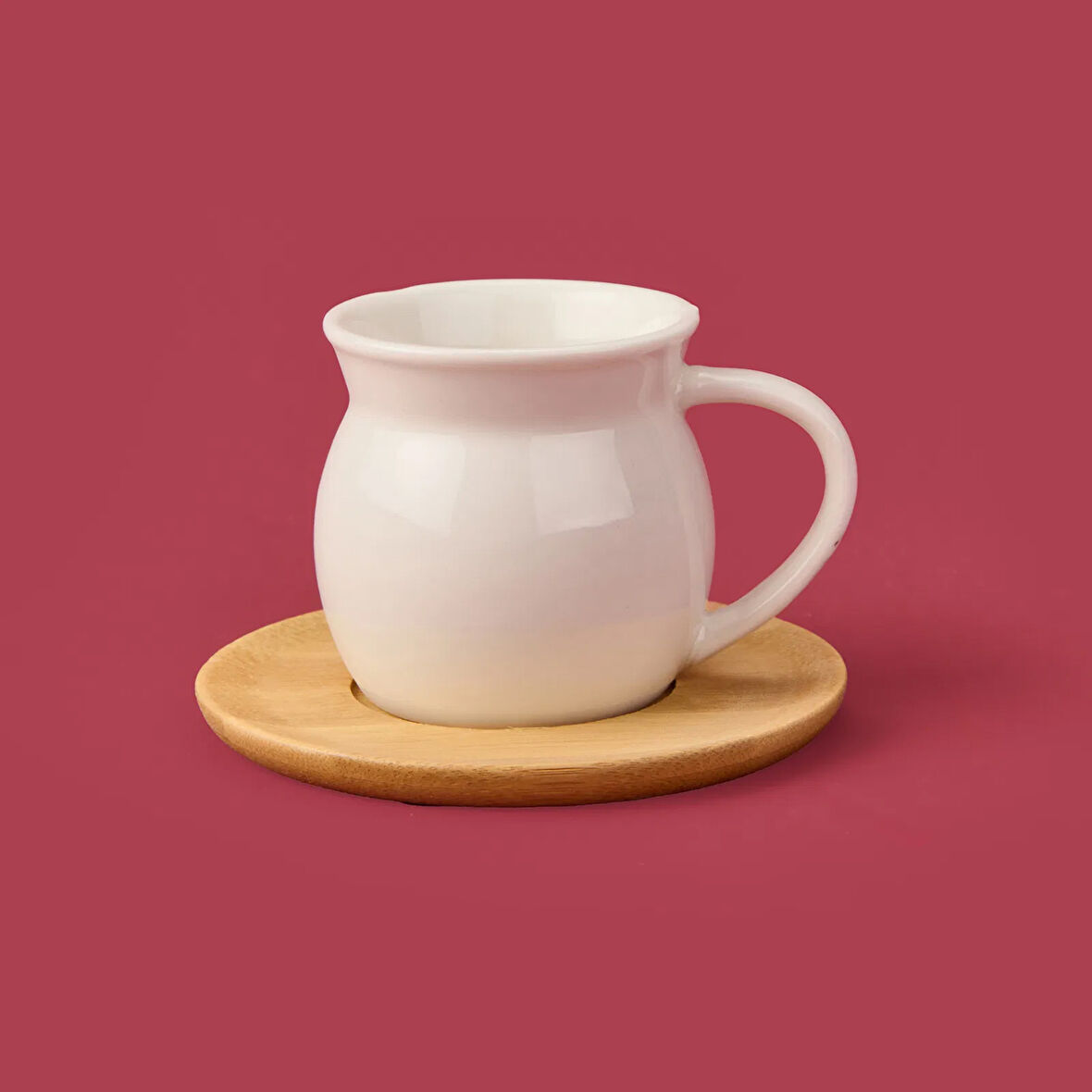 Bambu Tabaklı Geniş Fincan Seti - Açık Kahverengi / Beyaz - 100 ml