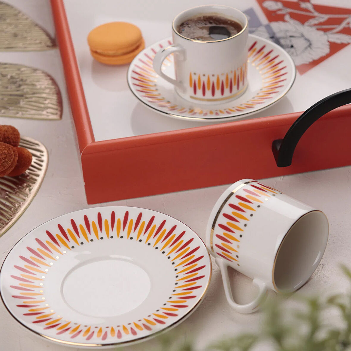 Palm 4 Parça Kahve Fincan Takımı - Turuncu