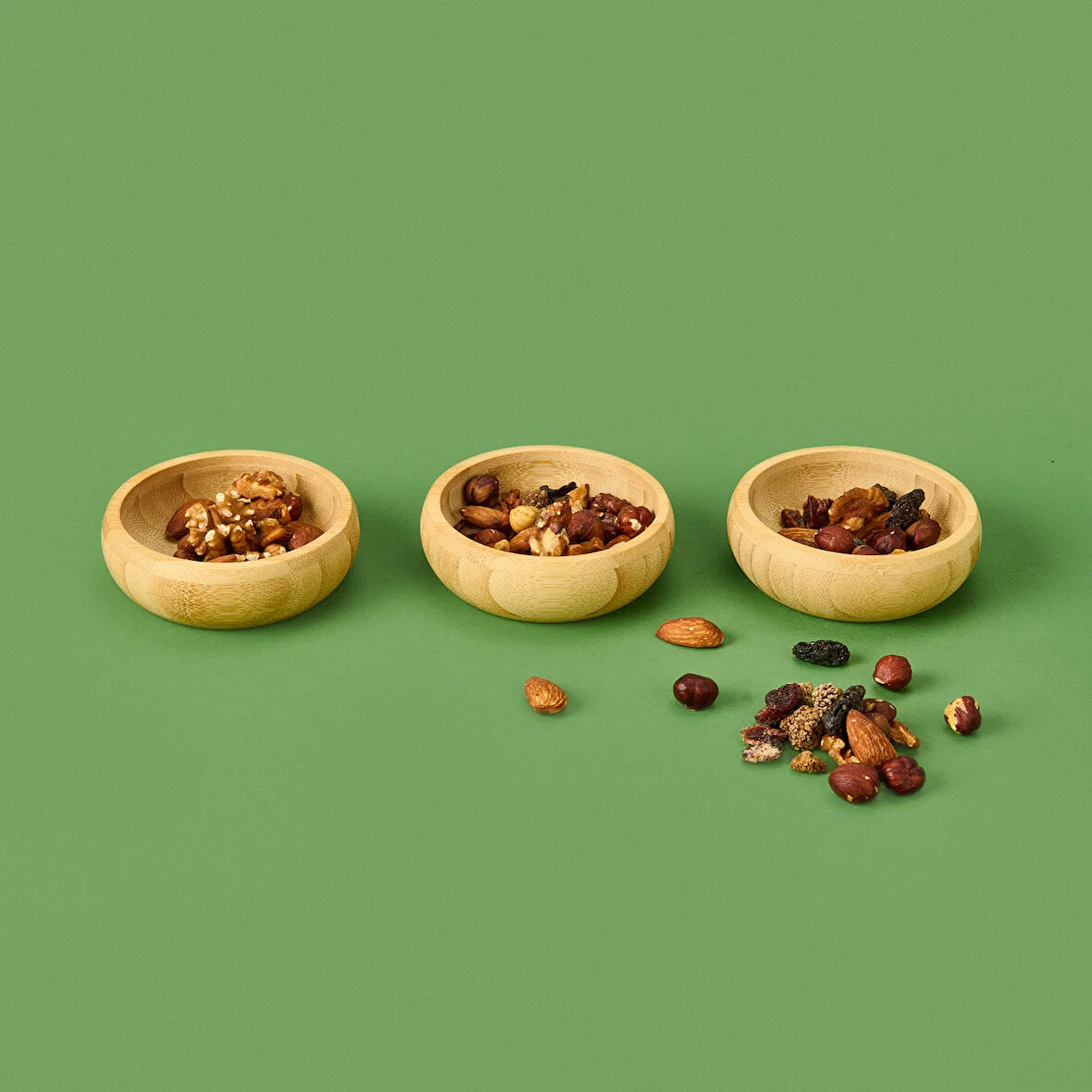 3'lü Yuvarlak Bambu Çerezlik Seti - Kahverengi - 9,5 cm